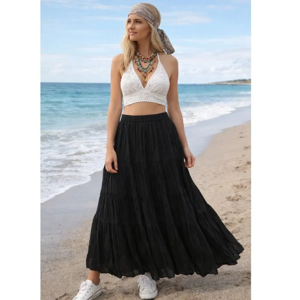 Black Cotton Tiered Lined Crinkle Maxi Skirt NWT elastic-waist boho festival - Picture 1 of 11